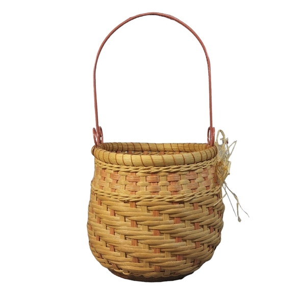 Handmade Woven Wicker Basket w/Wood Bottom Metal-Handle Berry-Picking Prairie - Picture 3 of 7